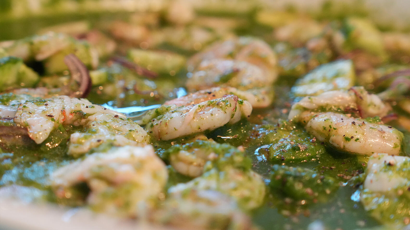 Baja-style Aguachile Imported shrimps from Latin America. Cured in lemon juice and fresh jalapeño and coriander.